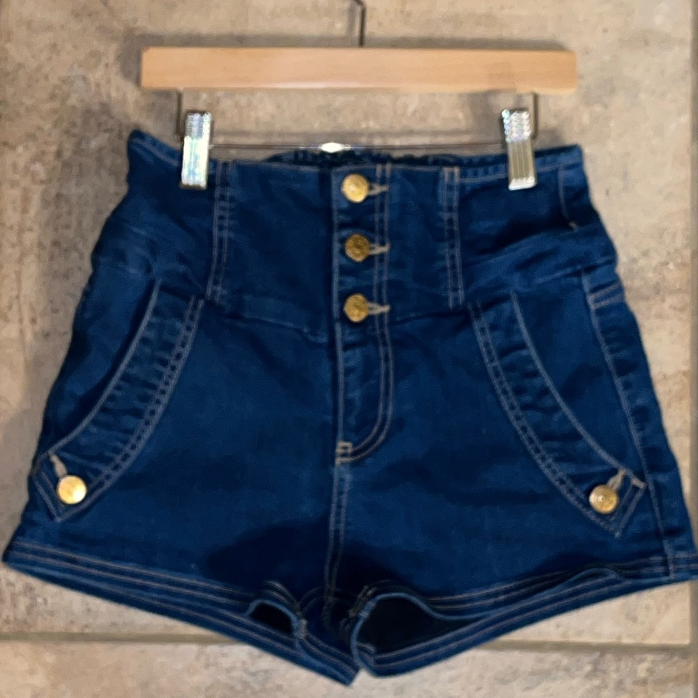 Topshop Dark Blue High-Waisted Shorts with Gold Buttons Size 4 Women